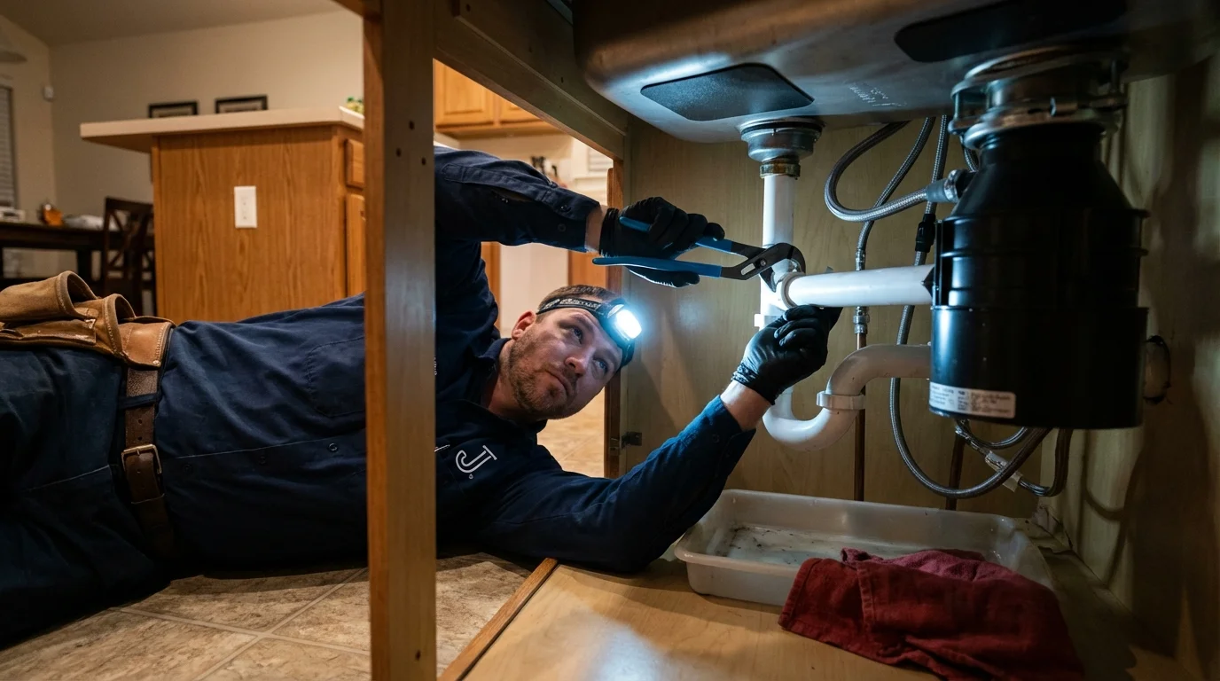P-trap and supply line connections under a kitchen sink showing a common leak point in Hudson, FL